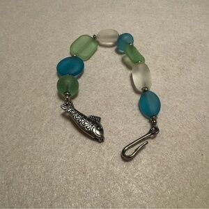 Silver Fish Charm Bracelet with Blue and Green Beads
